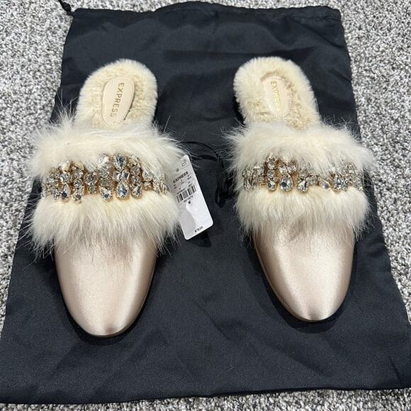 Express Shoes - EXPRESS Satin Faux Fur Lined Embellished Rhinestone Sparkling Slippers - MEDIUM